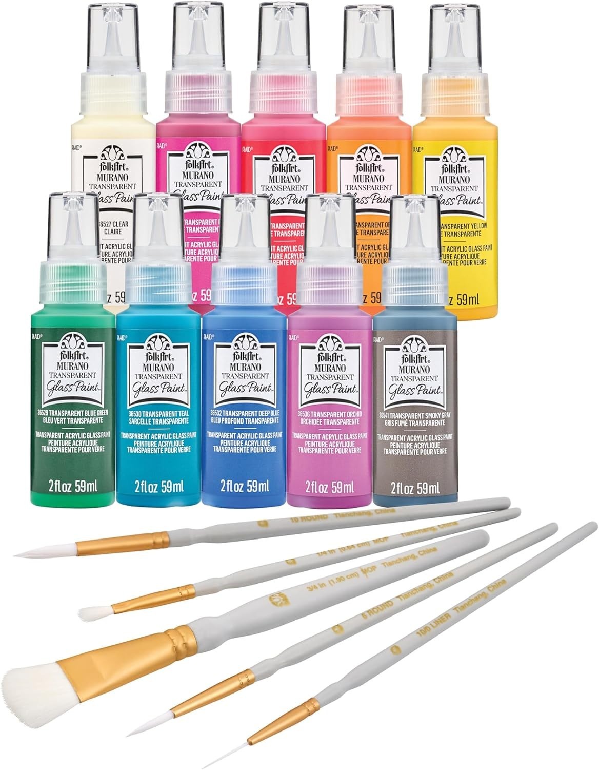 Murano Acrylic Craft Paint Kit 15 Piece Set Including 5 Brushes and 10 Transp…