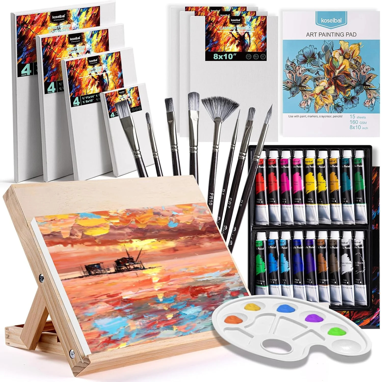 koseibal Acrylic Art Set with 18 Acrylic Paints, 8 Brushes, 4 Stretched Canvas,
