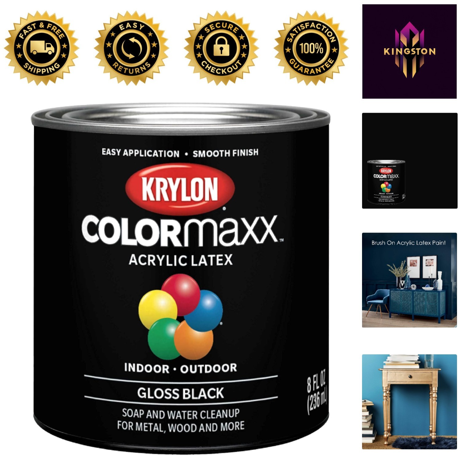 Krylon COLORmaxx Gloss Black Acrylic Latex Paint, ½ Pint for Indoor/Outdoor Use