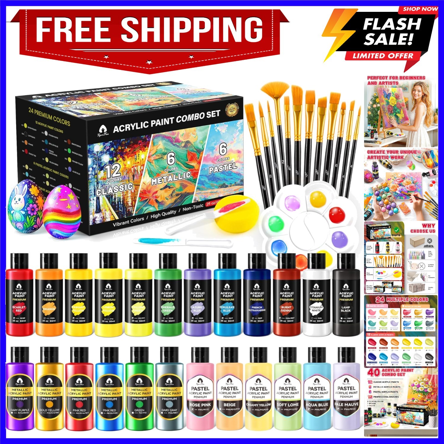 40 Pcs Classic & Metallic & Pastel Acrylic Paint Set with 12 Brushes, 2 Knive…
