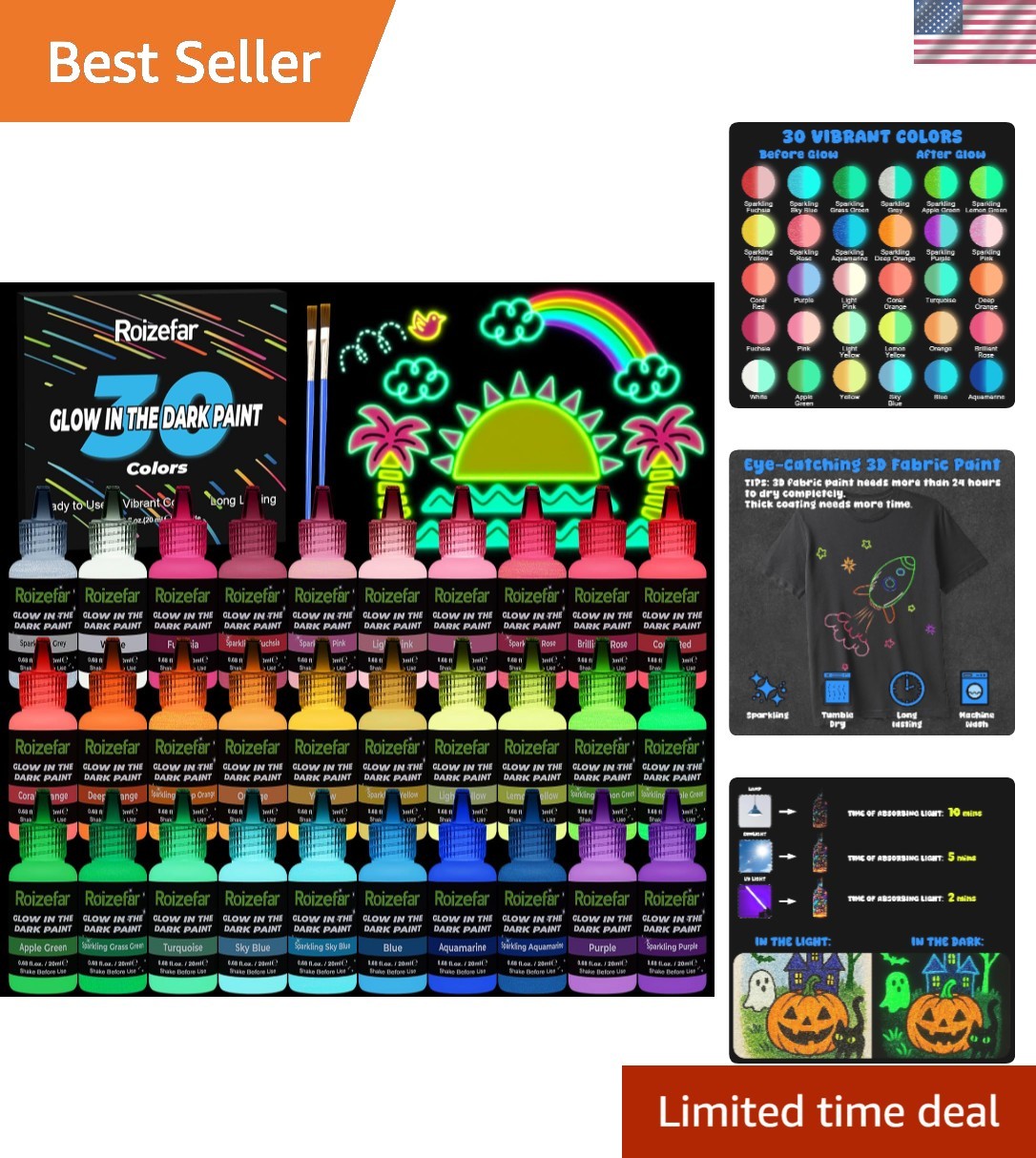 Glow in the Dark Paint, 30 Colors Neon Acrylic Paint with Sparkling Colors (20 M