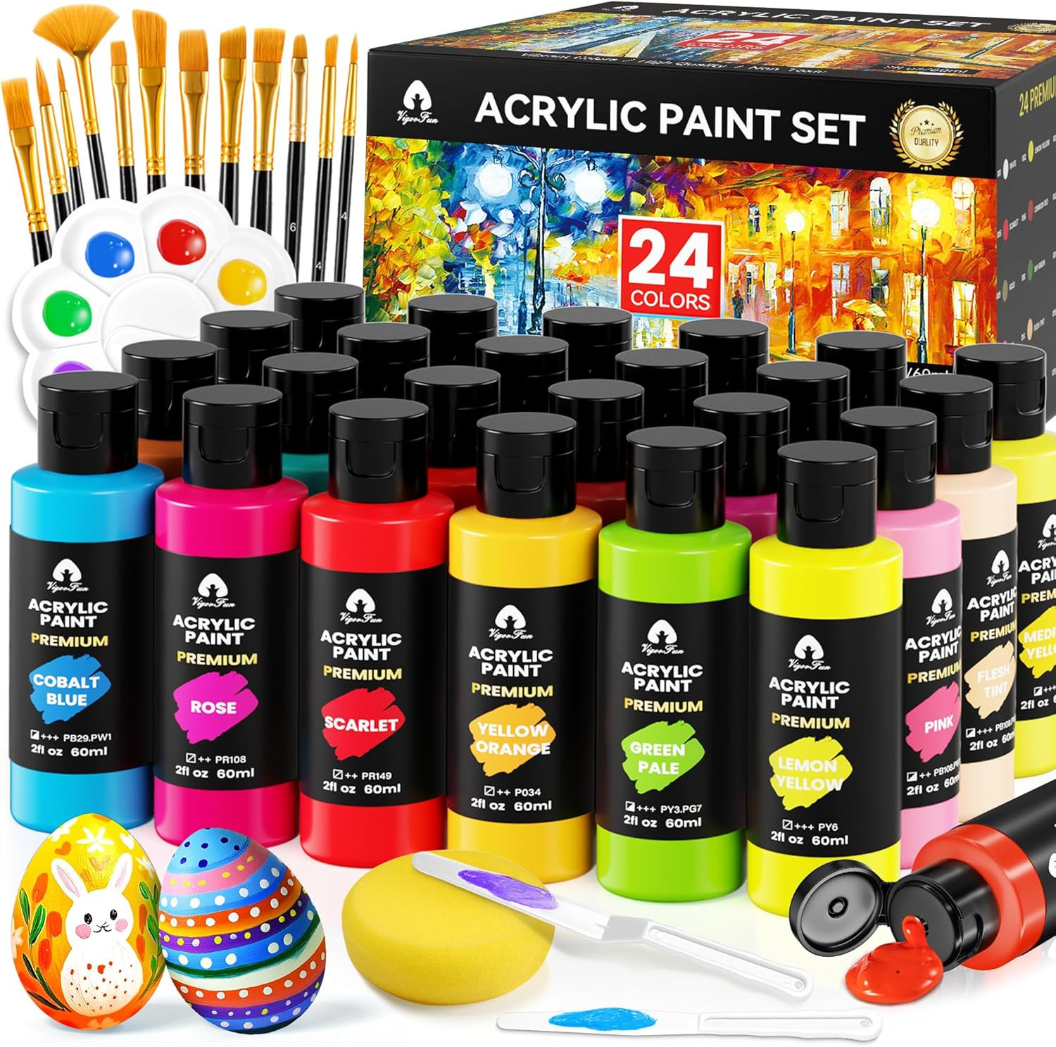 40 Pcs Acrylic Paint Set with 12 Brushes, 2 Knives & Palette – 24 Colors (2Oz/60