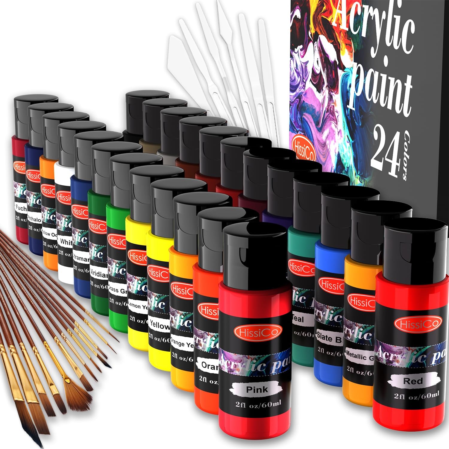 42PCS Acrylic Paint Set of 24 Colors 2fl oz 60ml Bottles with 12 Brushes and …