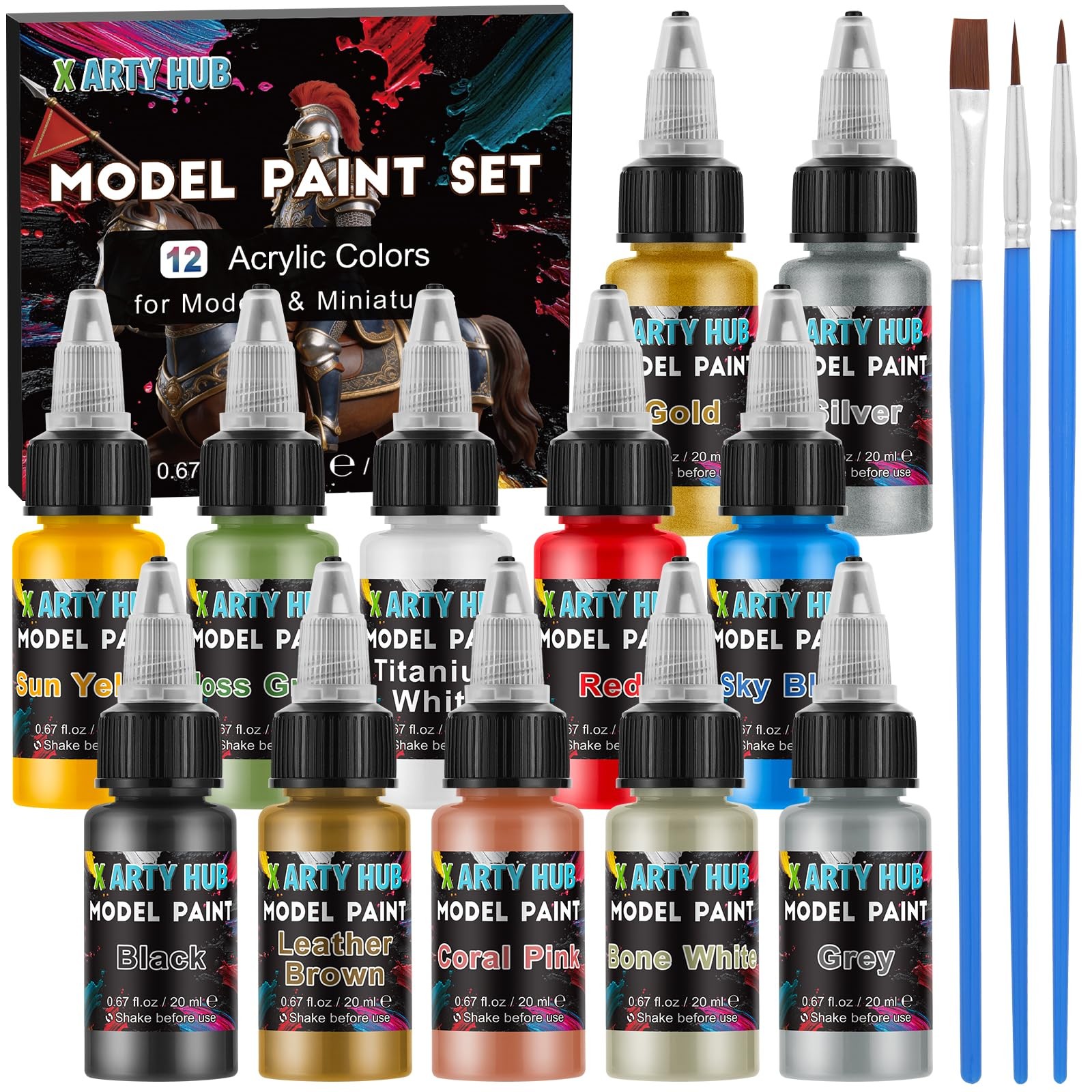 Model Paint Set 12 Colors with 3 Brushes, Miniature Paints Base/Skin Tones/S…